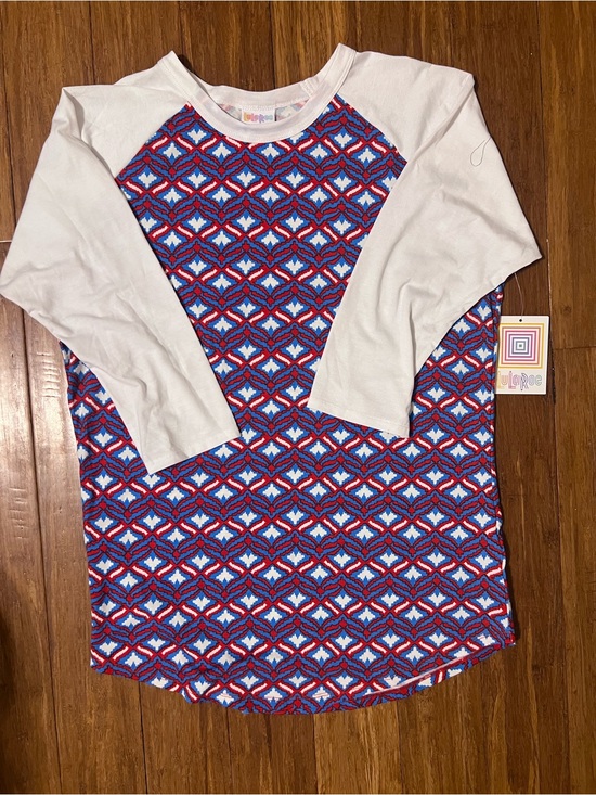 LuLaRoe Tops - LuLaRoe White Raglan Top with Blue and Red Geometric Print